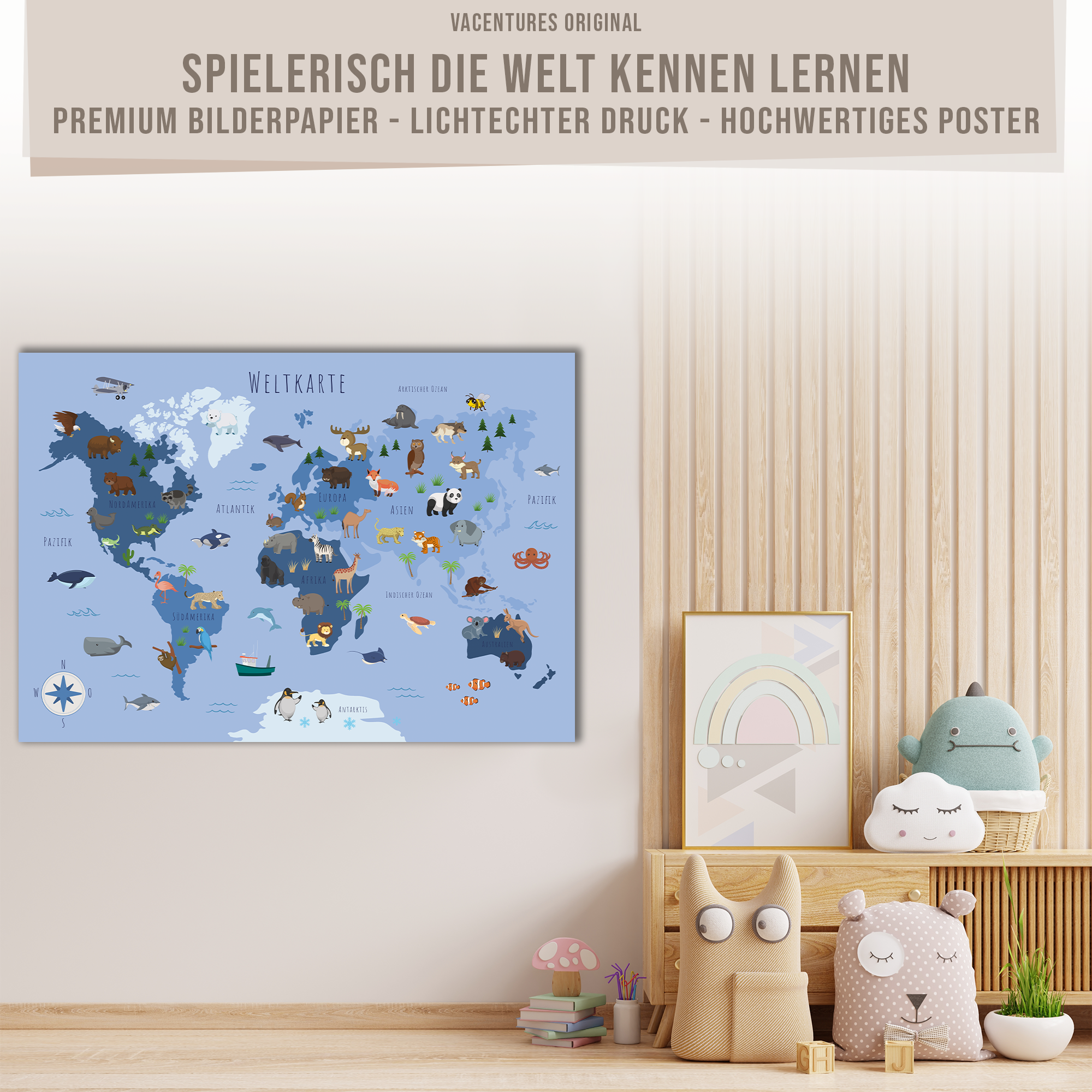 Kinderzimmer Weltkarte Poster - Blau