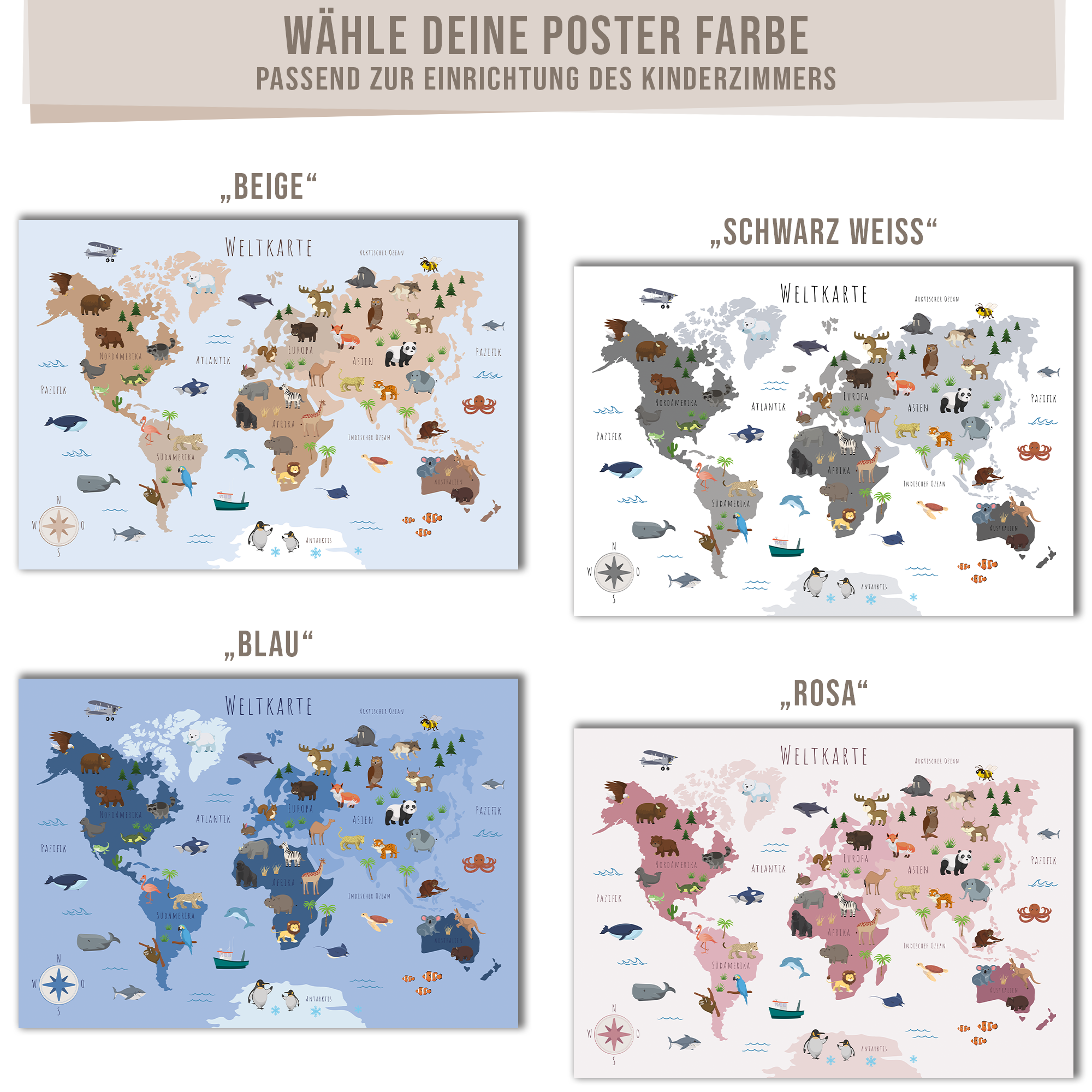 Kinderzimmer Weltkarte Poster - Beige