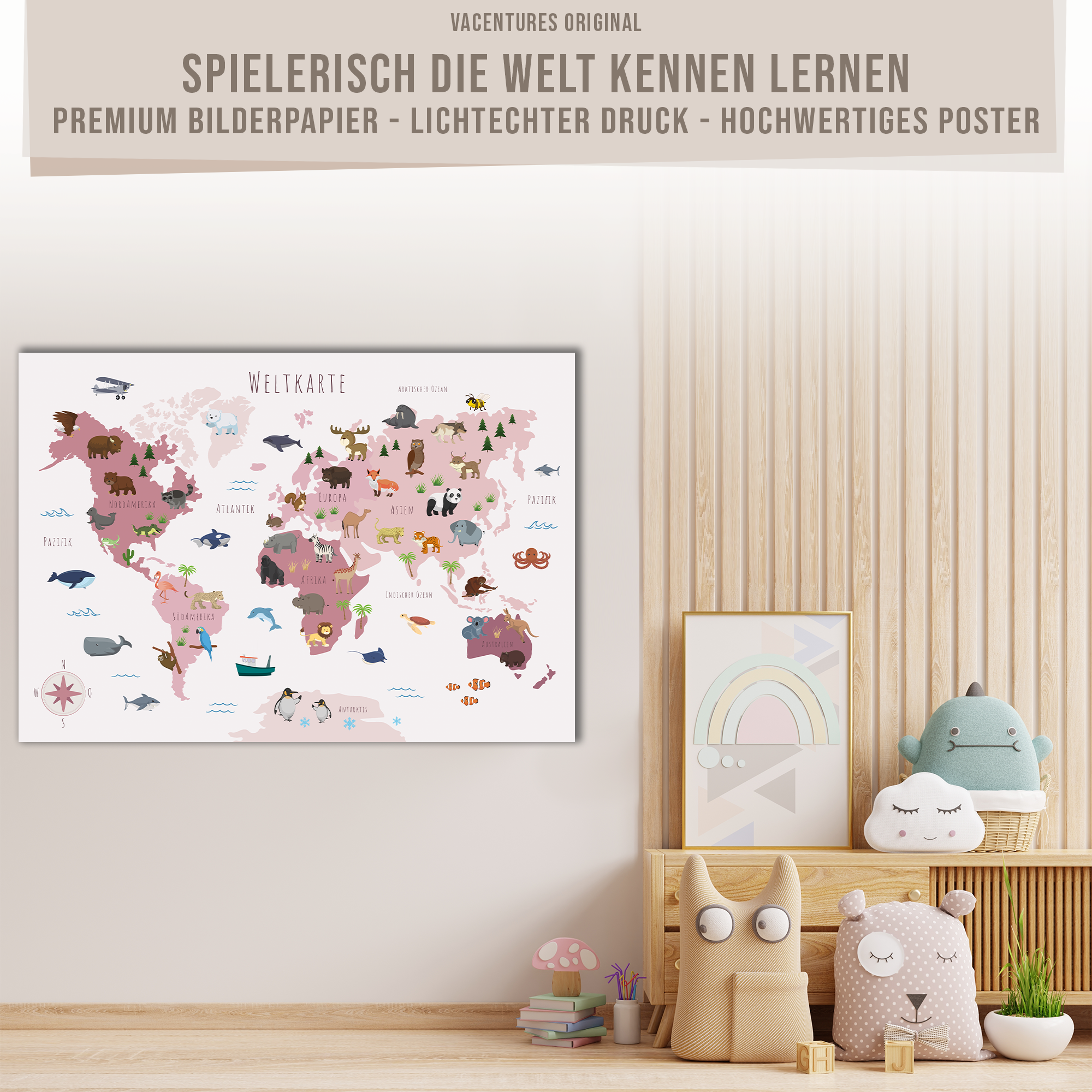 Kinderzimmer Weltkarte Poster - Rosa