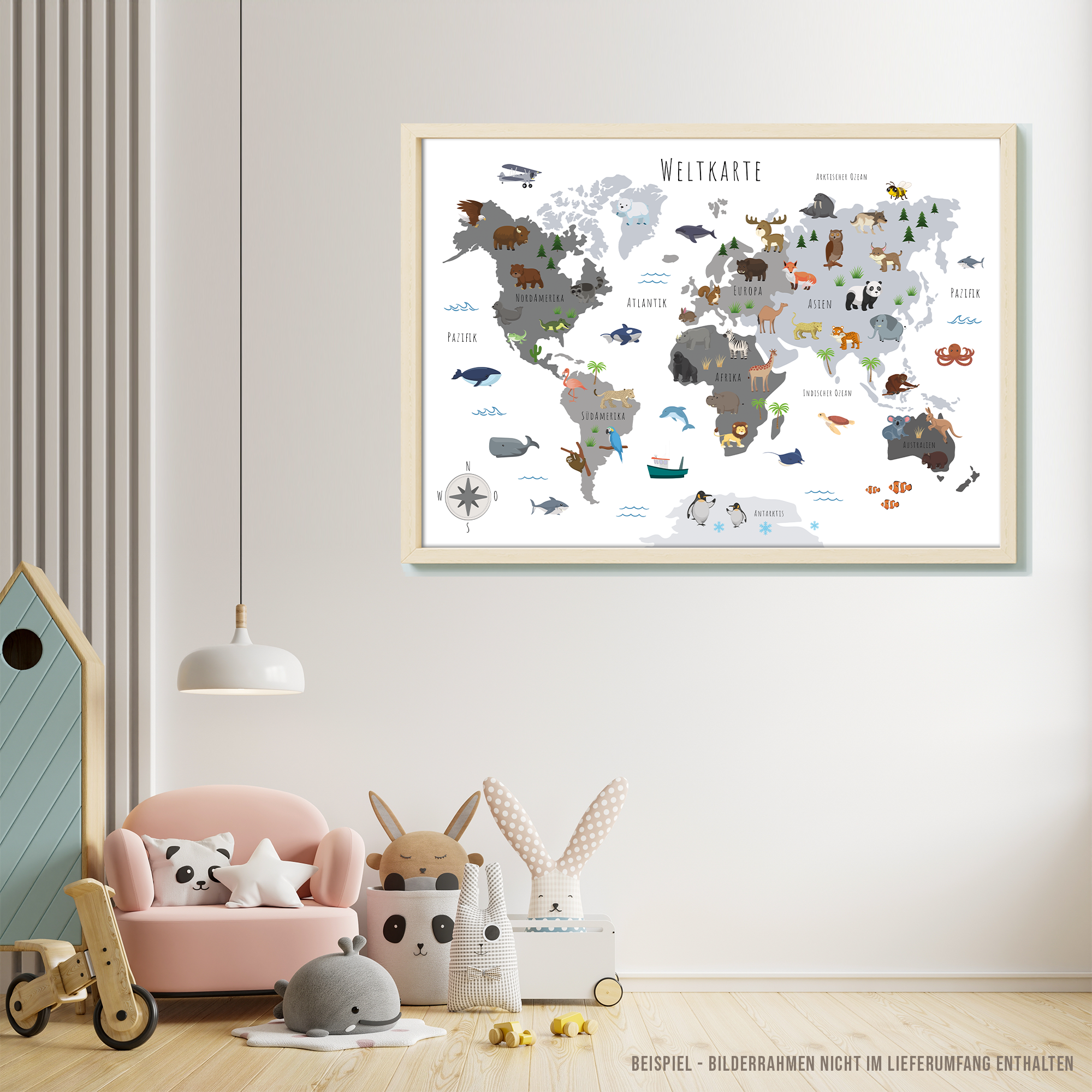 Kinderzimmer Weltkarte Poster - Schwarz Weiss