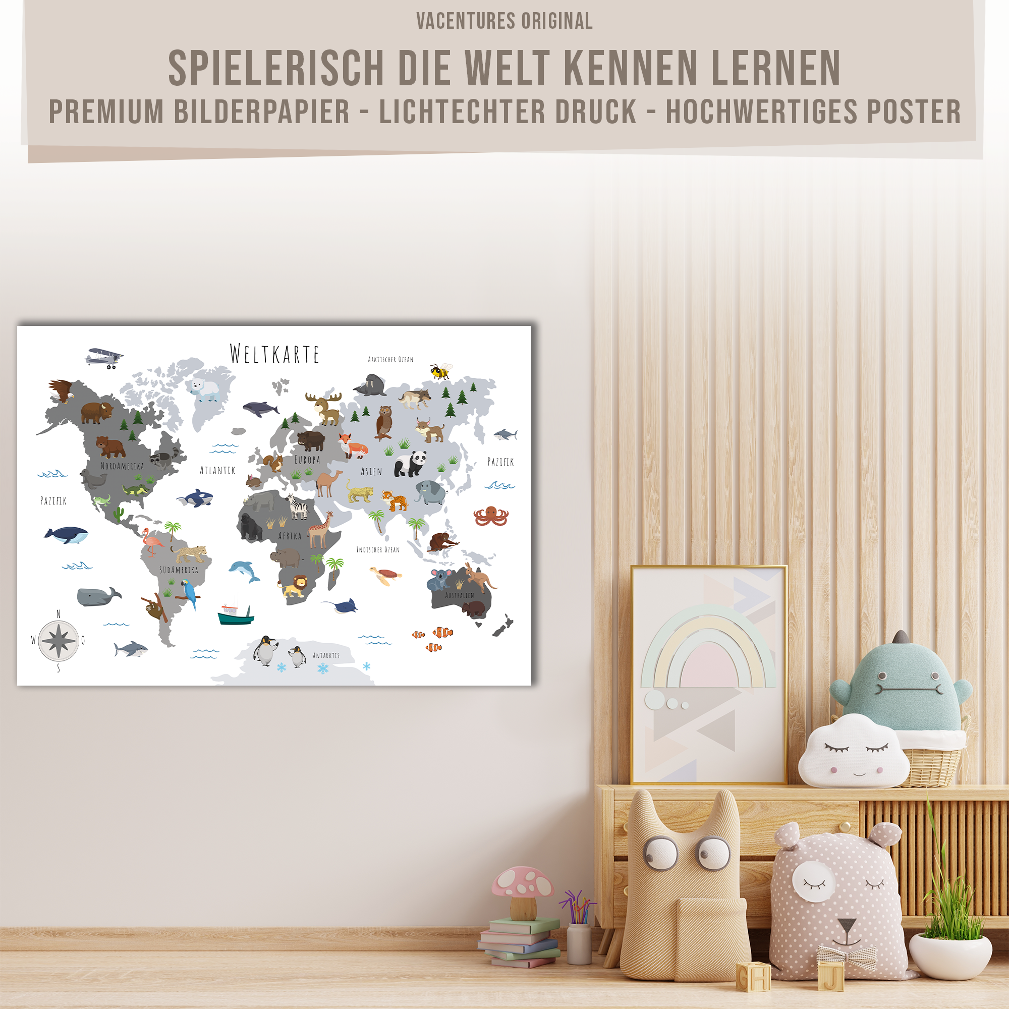 Kinderzimmer Weltkarte Poster - Schwarz Weiss