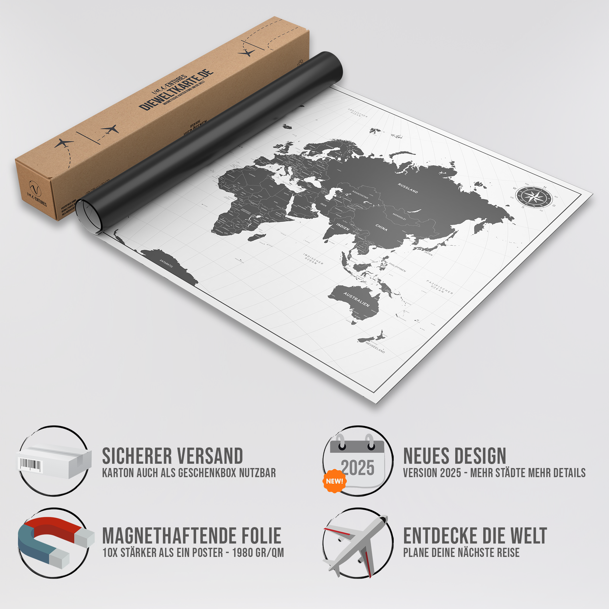 Die magnetische Weltkarte "Weiß" - inkl. Magnet Pins