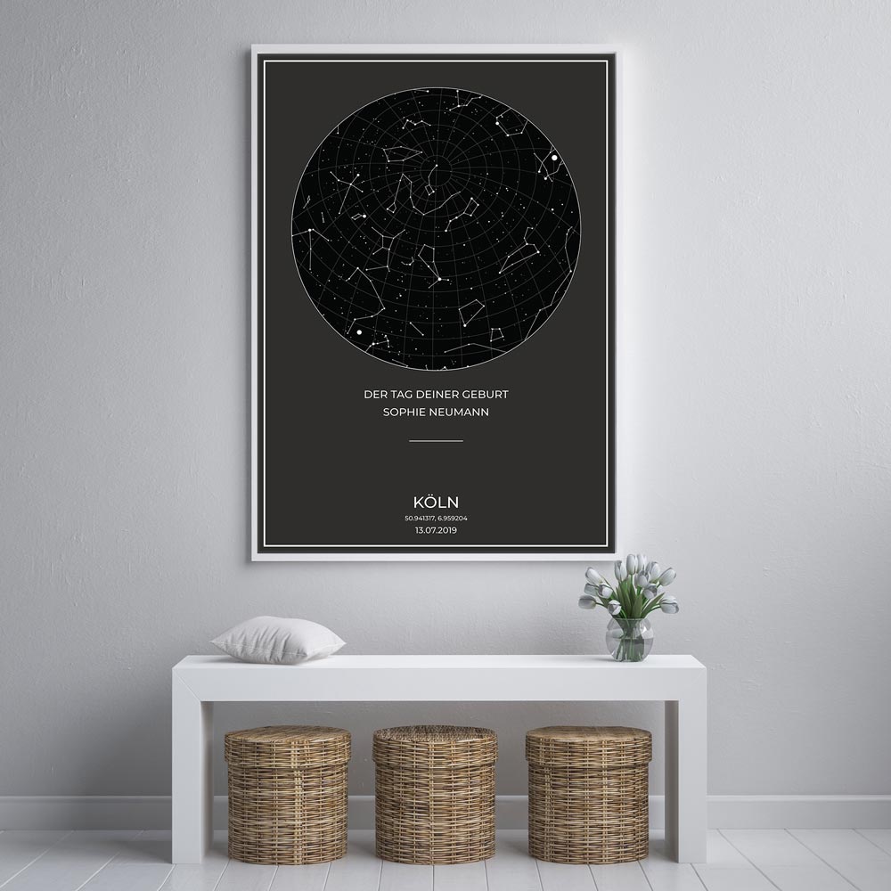 Sternenkarte Poster - PERSONALISIERBAR - Sternenhimmel als Geschenk für Weihnachten, Jahrestag, Geburt, Hochzeit - Grau-Poster-DIE WELTKARTE