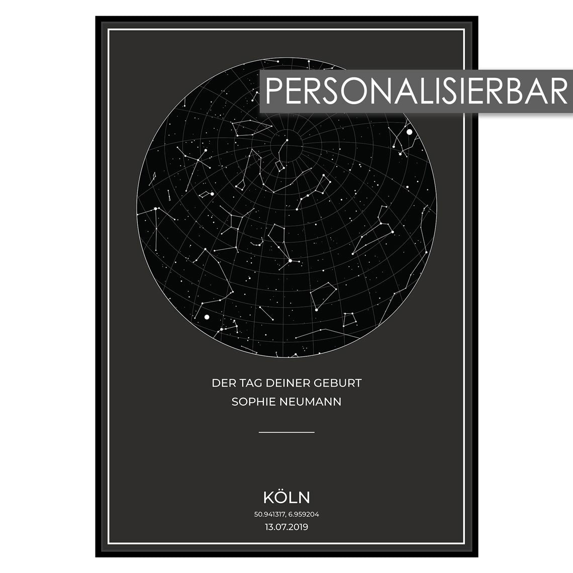 Sternenkarte Poster - PERSONALISIERBAR - Sternenhimmel als Geschenk für Weihnachten, Jahrestag, Geburt, Hochzeit - Grau-Poster-DIE WELTKARTE