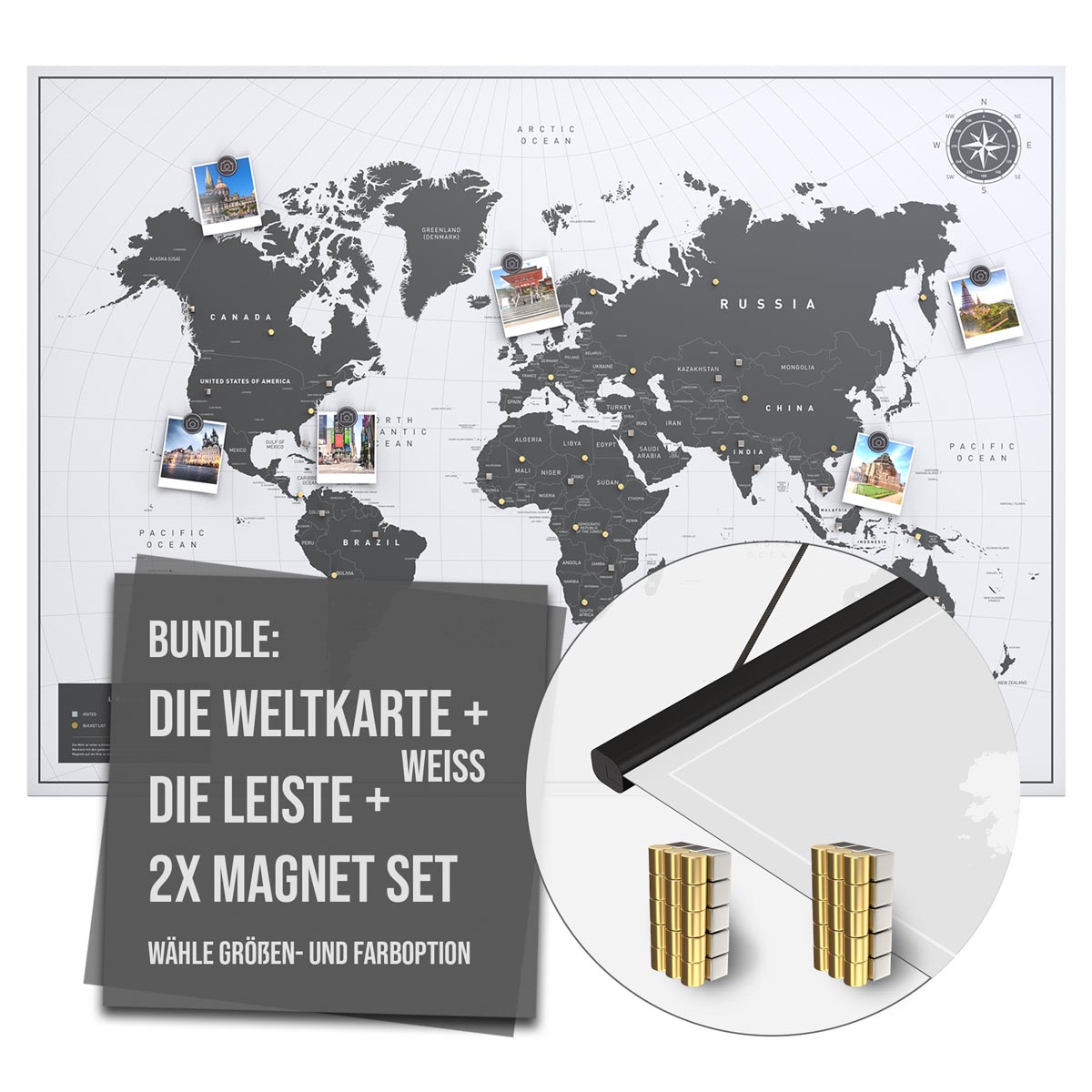 Bundle - Die Weltkarte Weiss + Die Leiste + Magnet Set 2x15