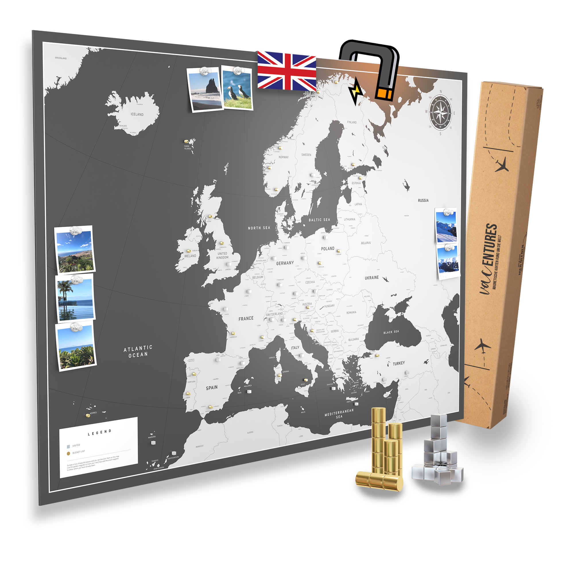 Europe Map - Die magnetische Europakarte - inkl. Magnet Pins - Englisch