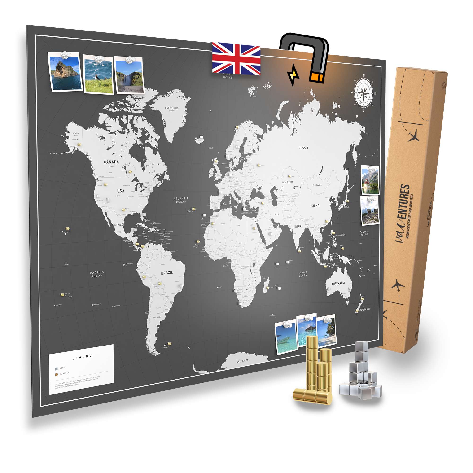 World Map - Die magnetische Weltkarte - inkl. Magnet Pins - Englisch