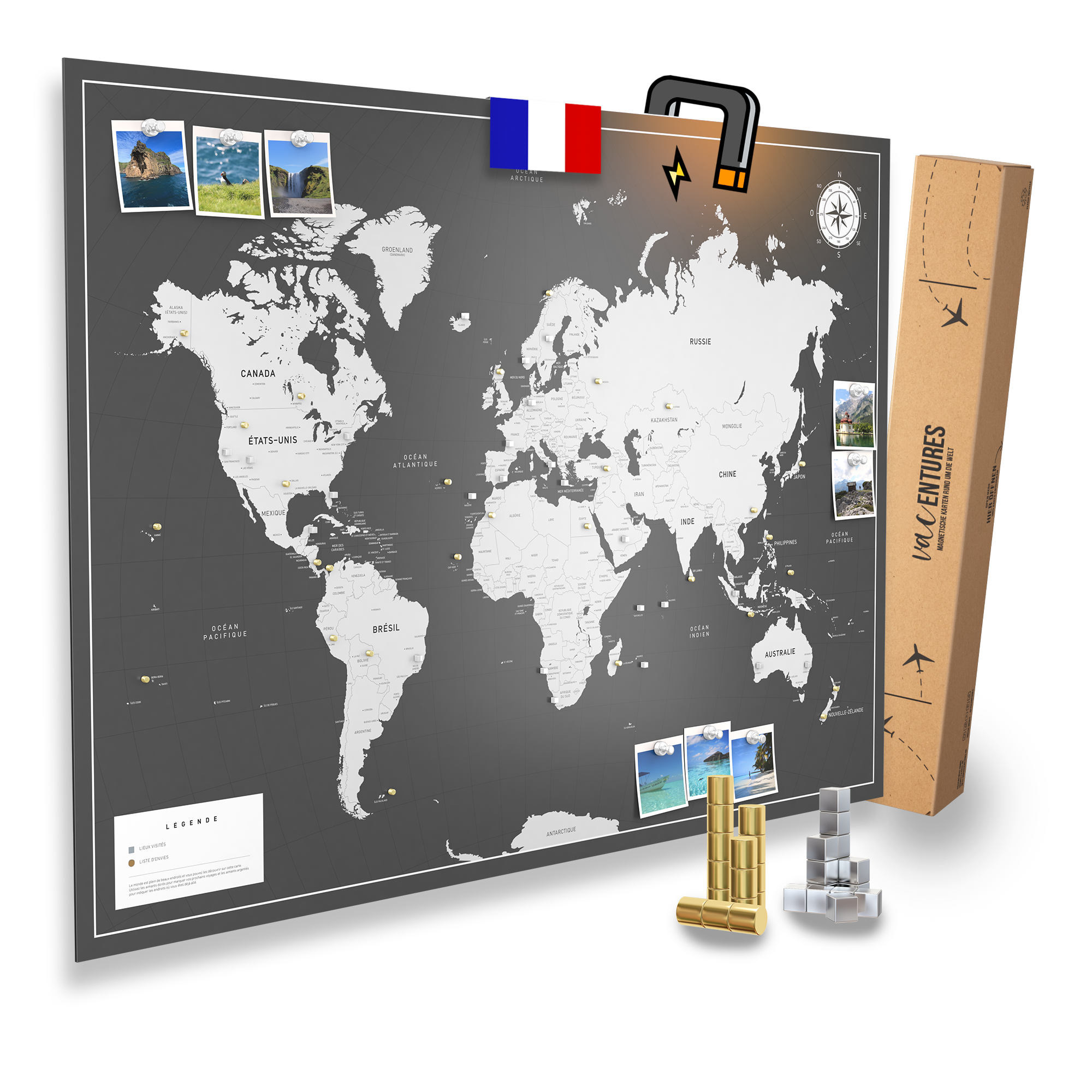 Carte du monde - Die magnetische Weltkarte - inkl. Magnet Pins - Französisch